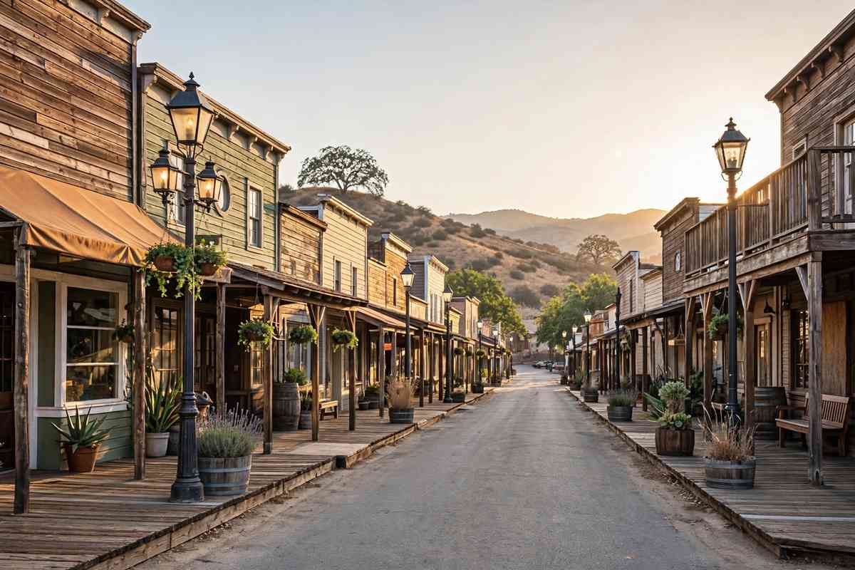 Historic Old Town Temecula main street with wooden boardwalks at dusk